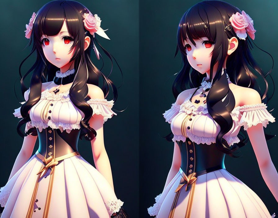 Anime-style girl in black and white dress with rose hairpieces and long black hair in two images.