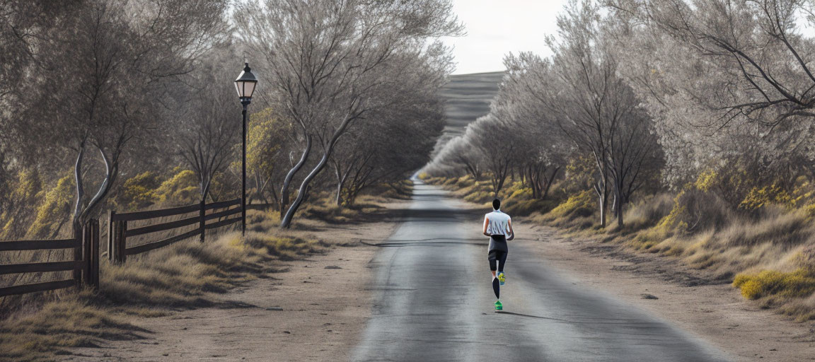 Person jogging on tree-lined path with wooden fence and lamppost