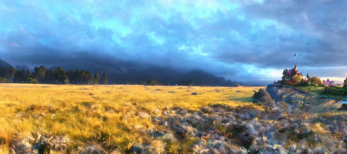 Panoramic landscape with grassy field, forest, stormy skies, and castle flag