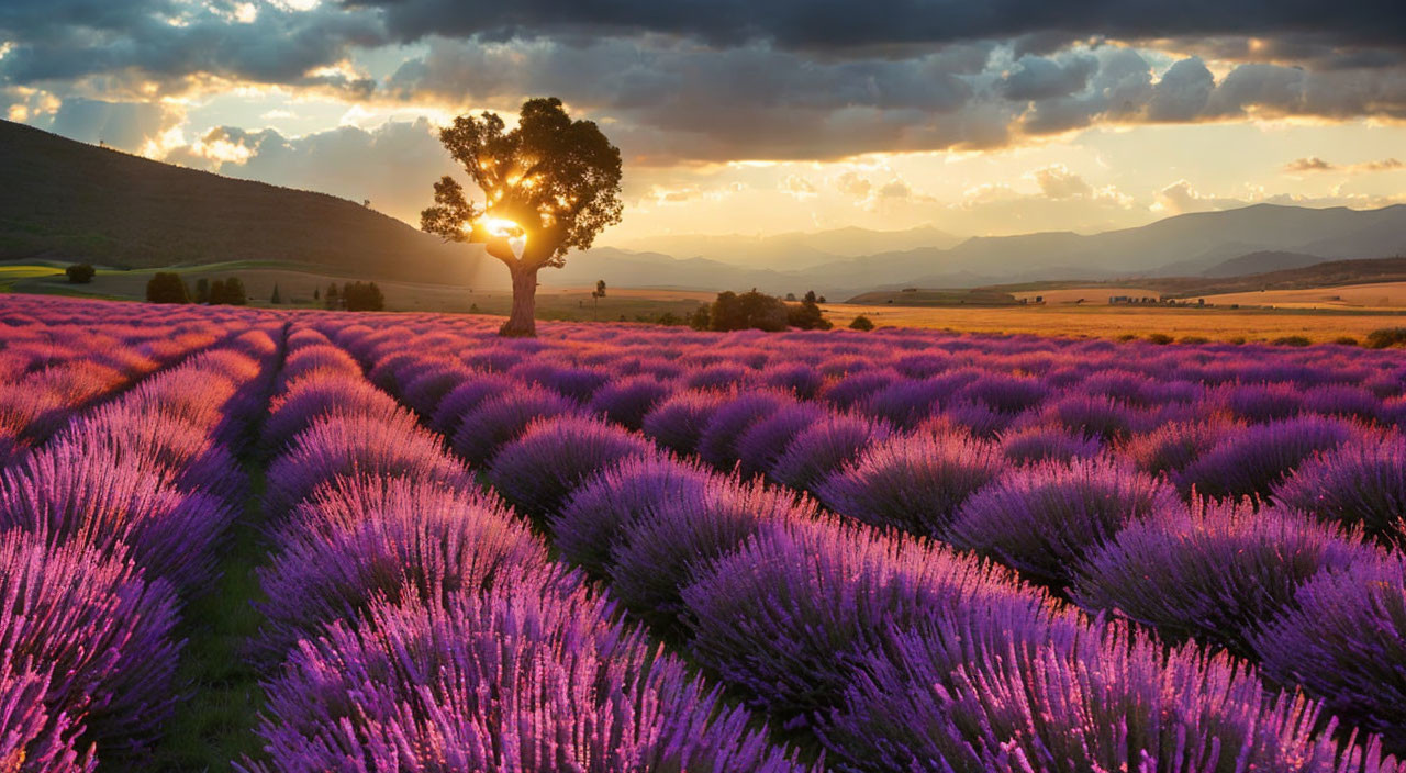 Vibrant lavender field at sunset with solitary tree and distant mountains