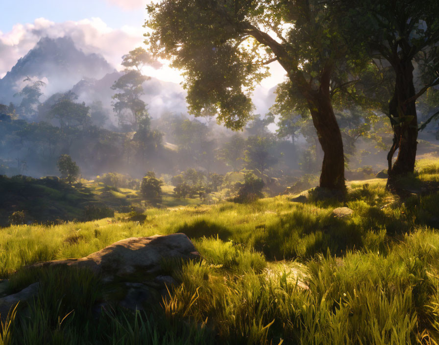 Misty forest at sunrise with golden light and mountains in background