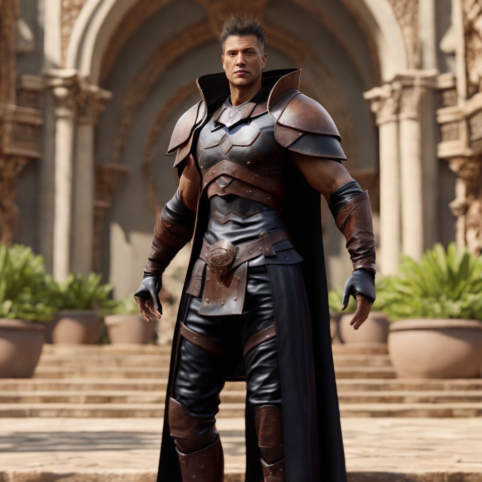 Digital artwork of stern man in fantasy armor at palace courtyard