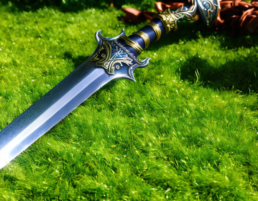 Detailed hilt sword resting on lush green grass