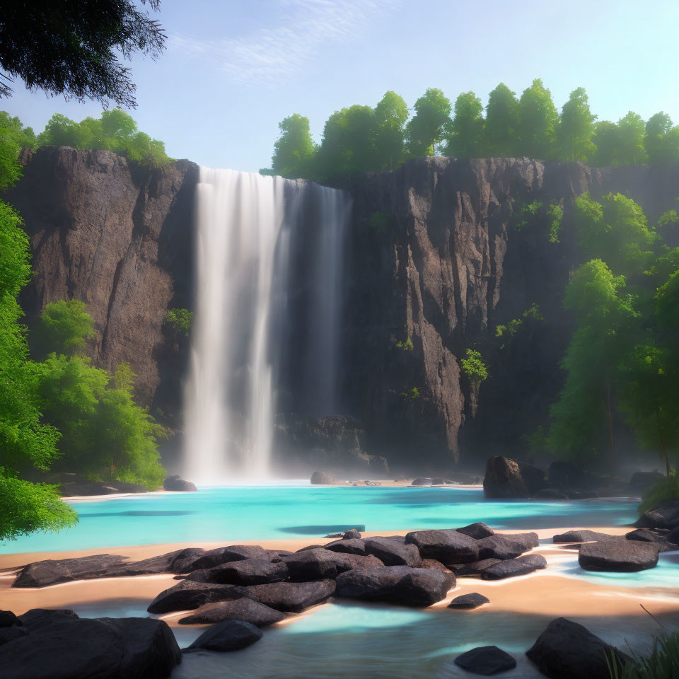 Tranquil waterfall scene with turquoise pool and lush greenery