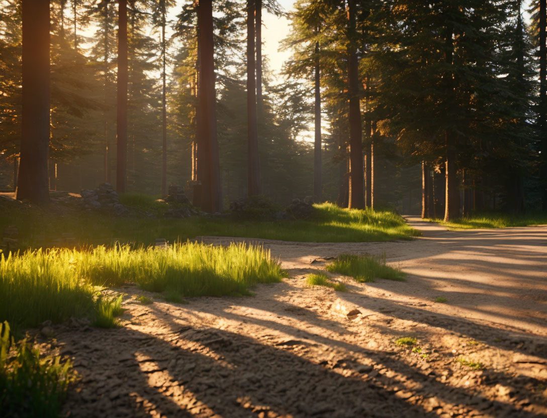 Tranquil Forest Path Sunset Scene with Long Shadows