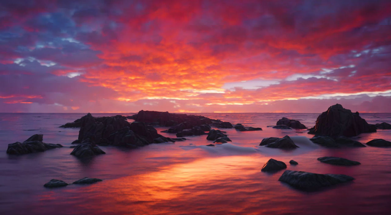 Orange and Purple Sunset Over Calm Sea with Silhouette of Rocks