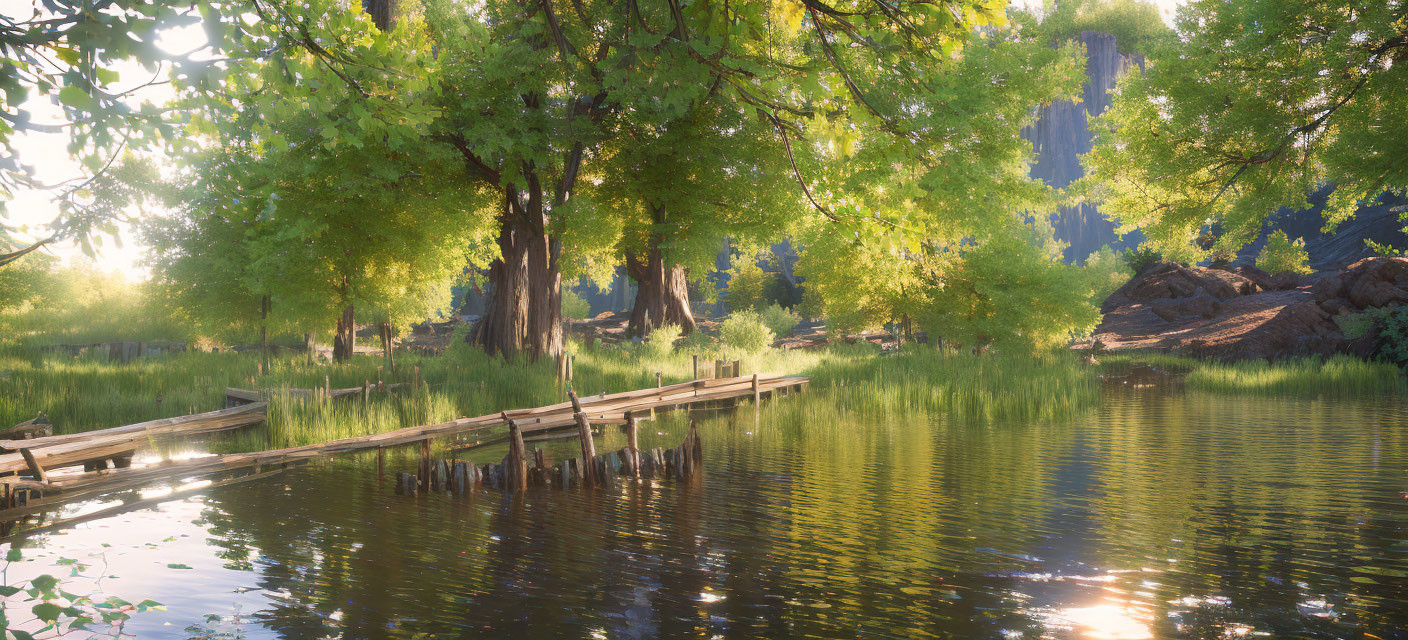 Tranquil lakeside scene with wooden pier, green trees, and sunlight glow