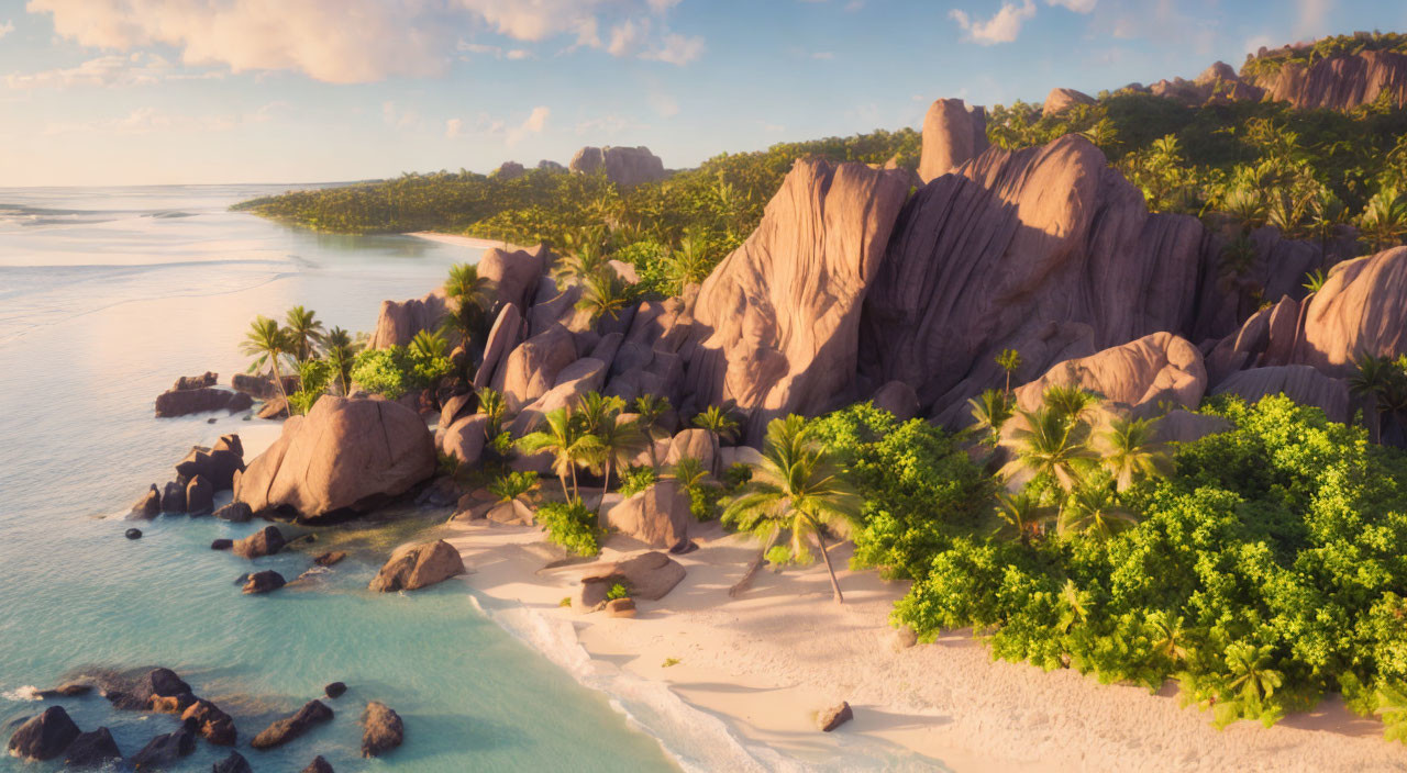 Scenic Tropical Beach with Rock Formations and Palm Trees