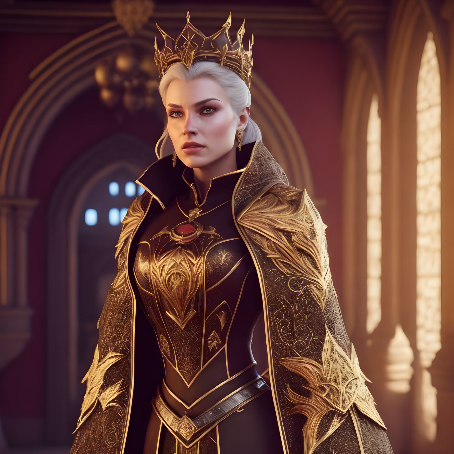 Regal Woman in Crown and Armor Poses in Castle Setting