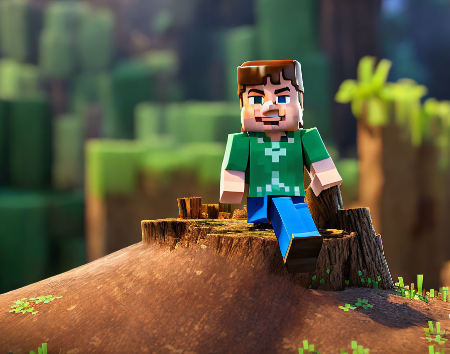 3D rendering of Minecraft character on tree stump in forest
