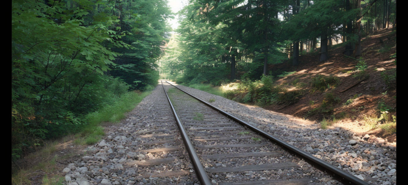 Scenic railway tracks in lush forest with sunlight filtering.