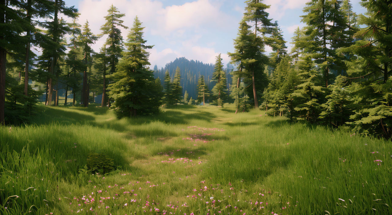 Tranquil Forest Glade with Tall Pine Trees and Pink Wildflowers