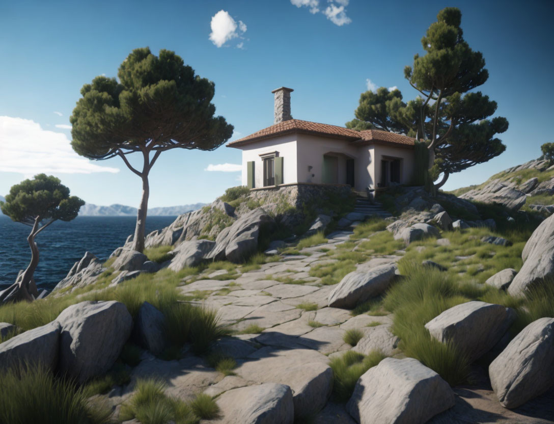 Tranquil coastal landscape with house, pine trees, rocks, and sea