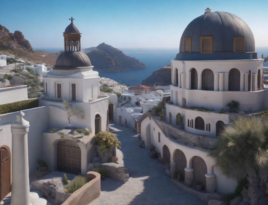 Whitewashed buildings and blue domes by the sea in a sunny coastal town