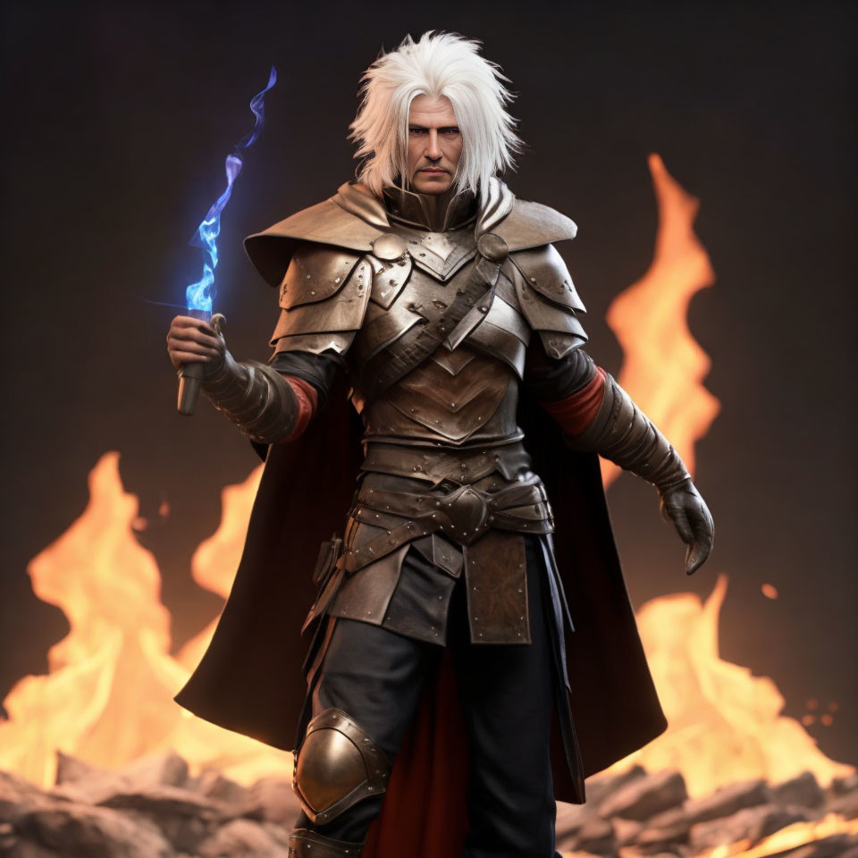 Fantasy warrior with white hair wields glowing blue sword in flames