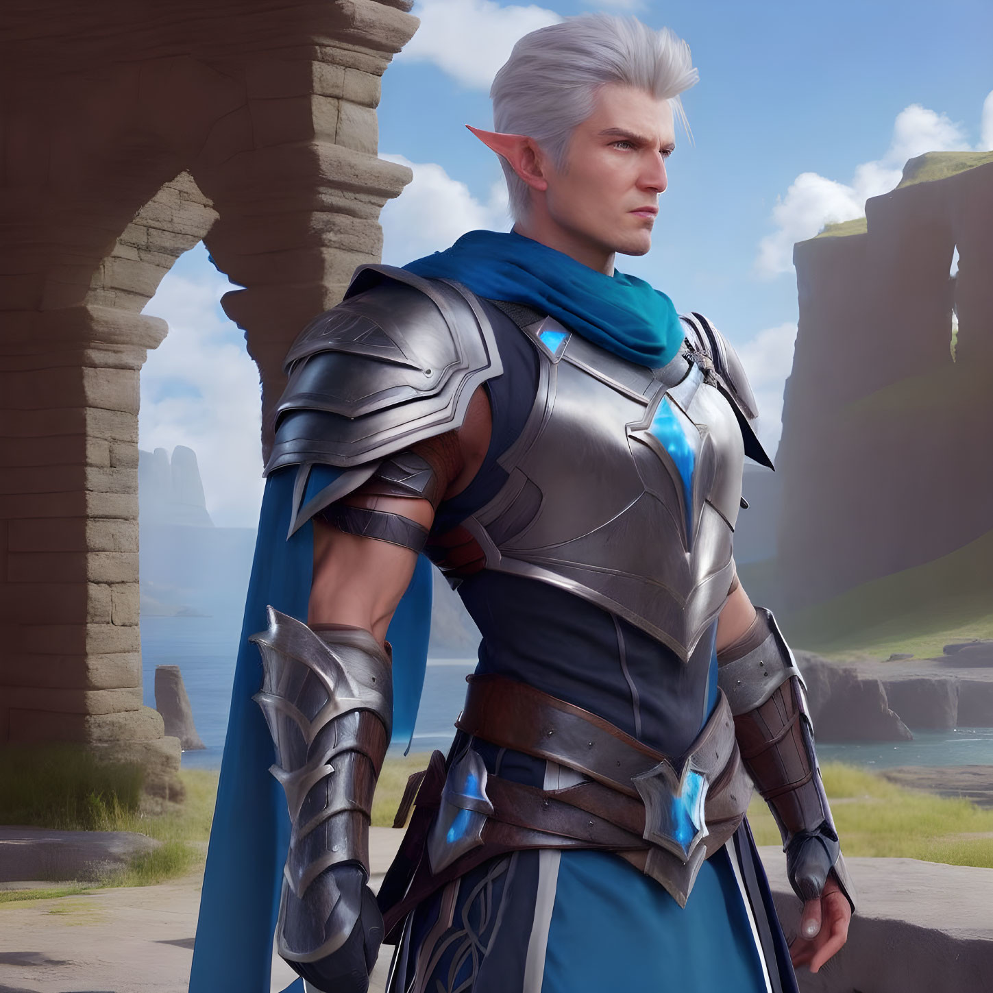 White-haired elf in silver armor and blue cape in fantasy landscape