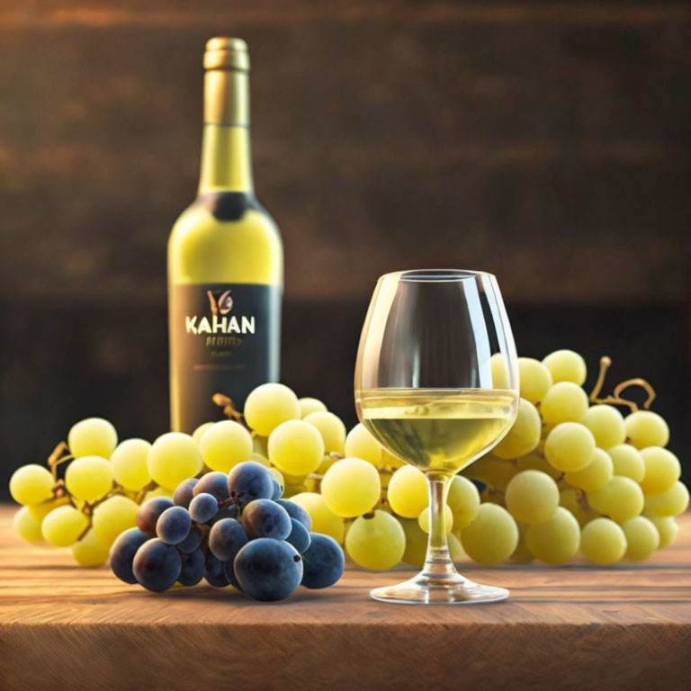 White Wine Bottle "KAHAN," Wine Glass, Grapes on Wooden Surface