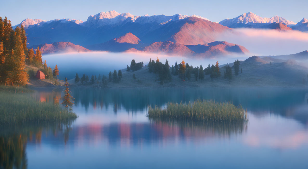 Misty lake, rolling hills, pine trees, snow-capped mountains at sunrise