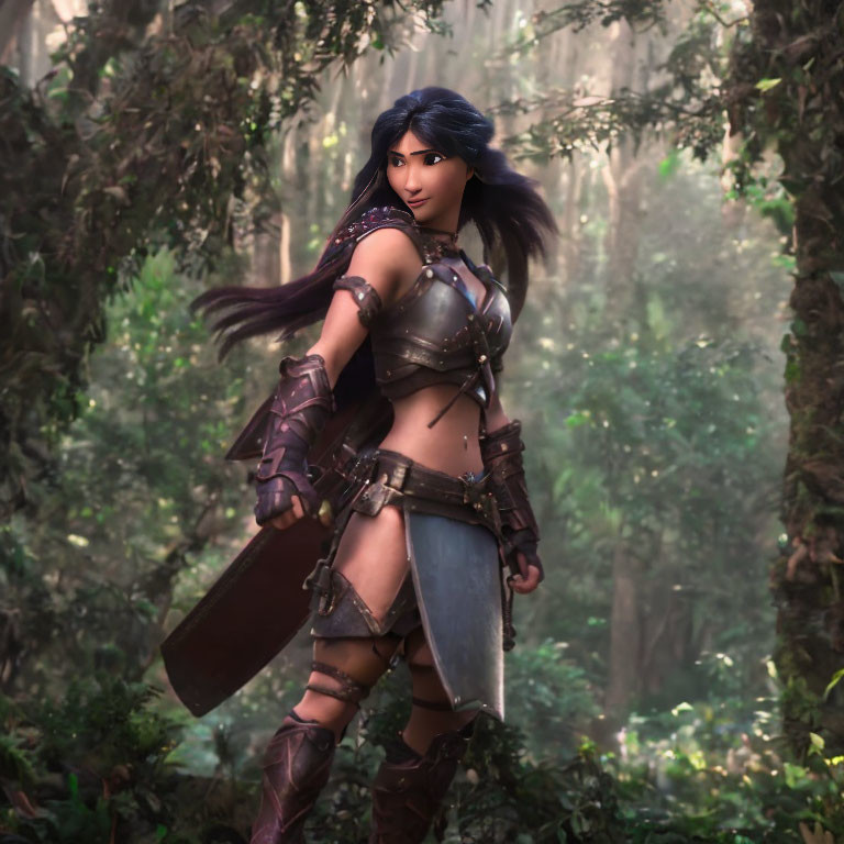 Female warrior in armor with sword in lush forest