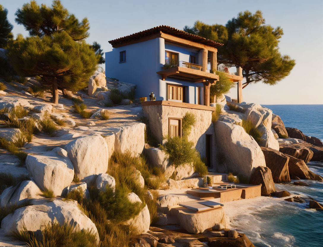 Seaside multi-level house on rocky terrain with ocean view at sunset