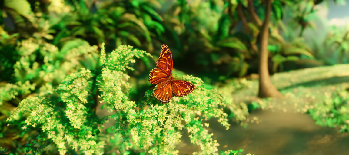 Orange Butterfly in Lush Greenery with Sunlight in Forest