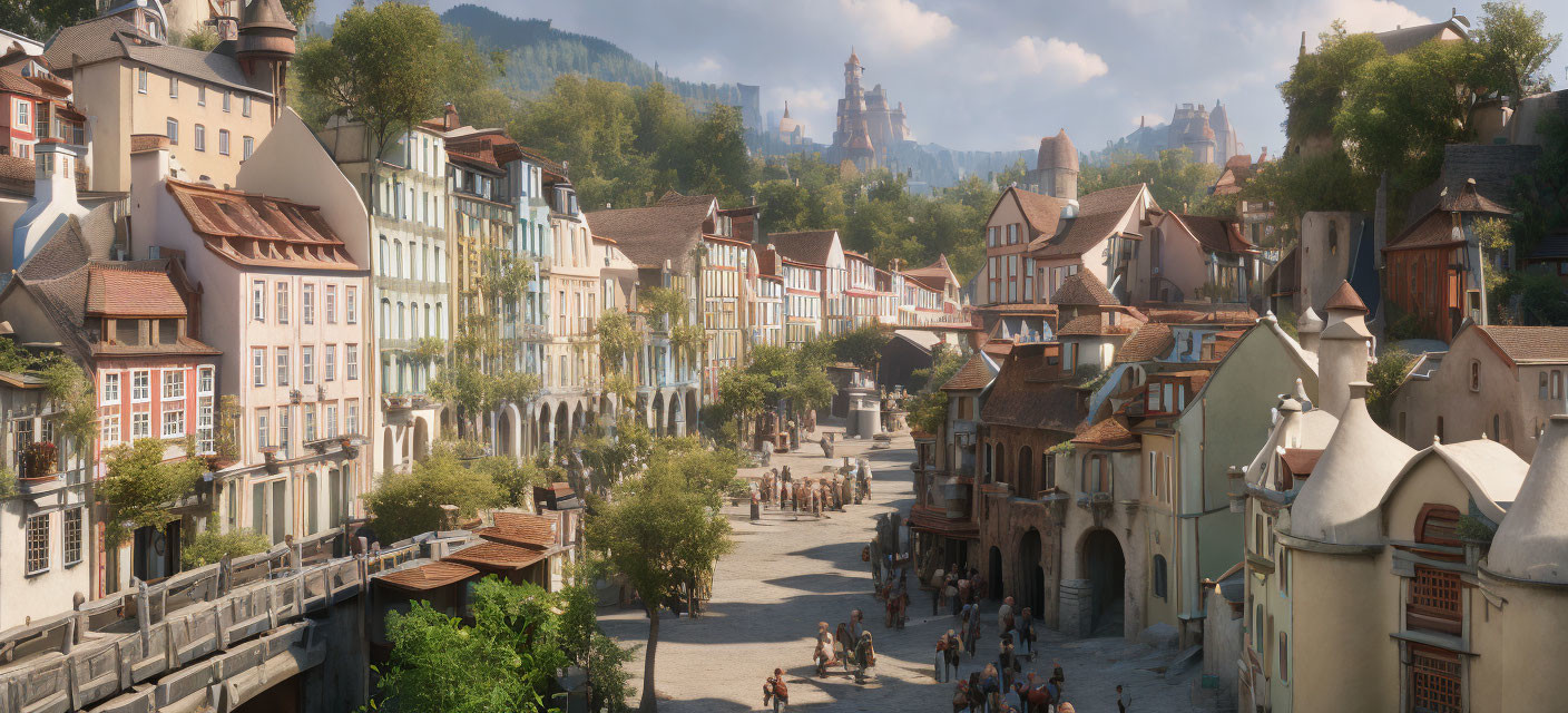 Medieval town with cobblestone streets, colorful houses, bridge, and castle under clear sky