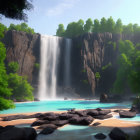 Tranquil waterfall scene with turquoise pool and lush greenery