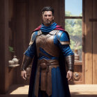 Medieval knight in blue and gold armor standing in wooden room