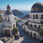 Whitewashed buildings and blue domes by the sea in a sunny coastal town