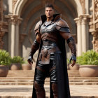 Digital artwork of stern man in fantasy armor at palace courtyard