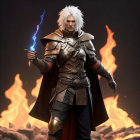 Fantasy warrior with white hair wields glowing blue sword in flames