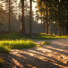 Tranquil Forest Path Sunset Scene with Long Shadows