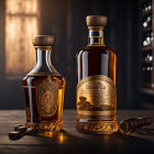 Whiskey bottles, glass, and warm glow on wooden table