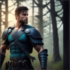 Fantasy warrior digital artwork with stern expression and forest backdrop