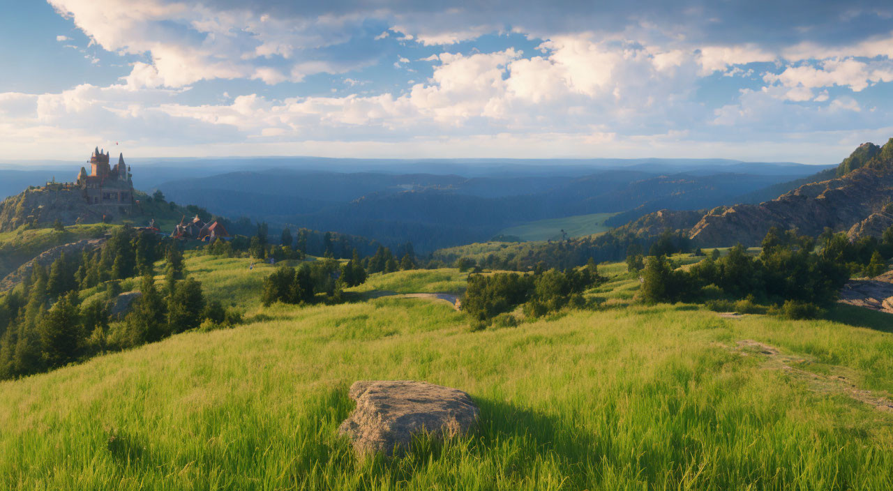 Castle on Hill Overlooking Verdant Valley with Rolling Hills and Dense Forests