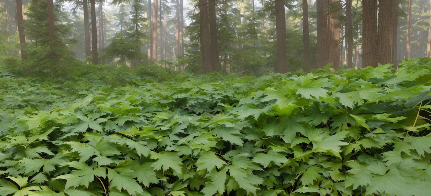 Tranquil forest landscape with lush underbrush and misty trees