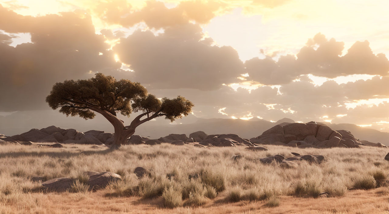 Savannah sunset with lone tree, golden grass, and boulders under cloudy sky