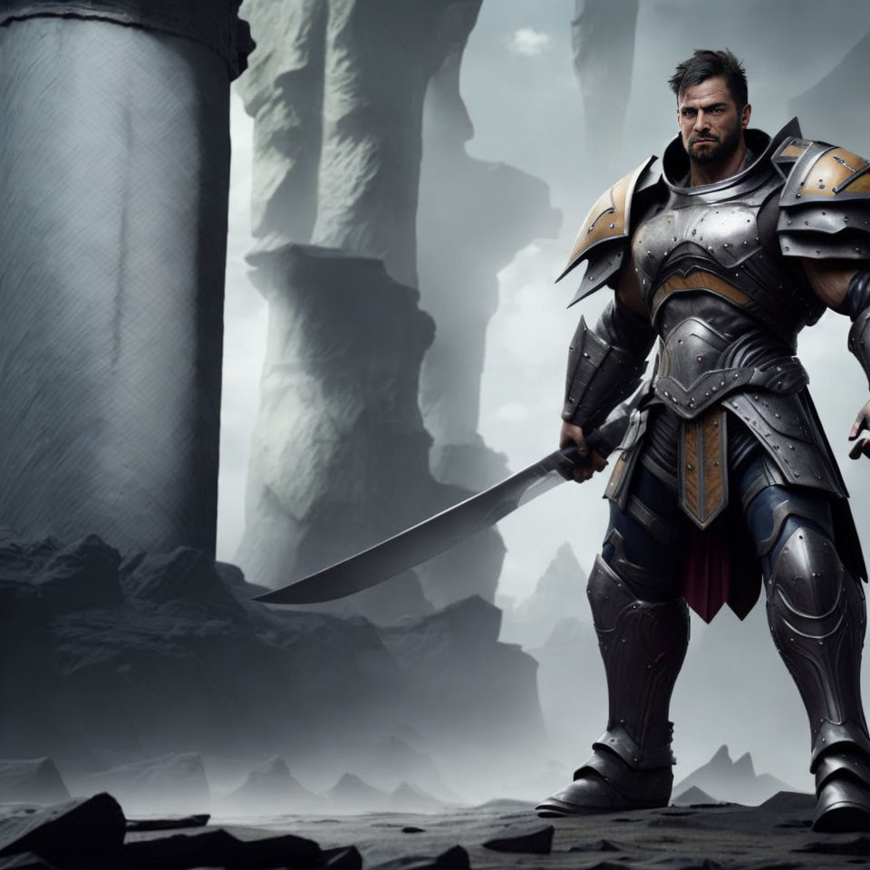 Fantasy warrior in heavy armor among stone pillars