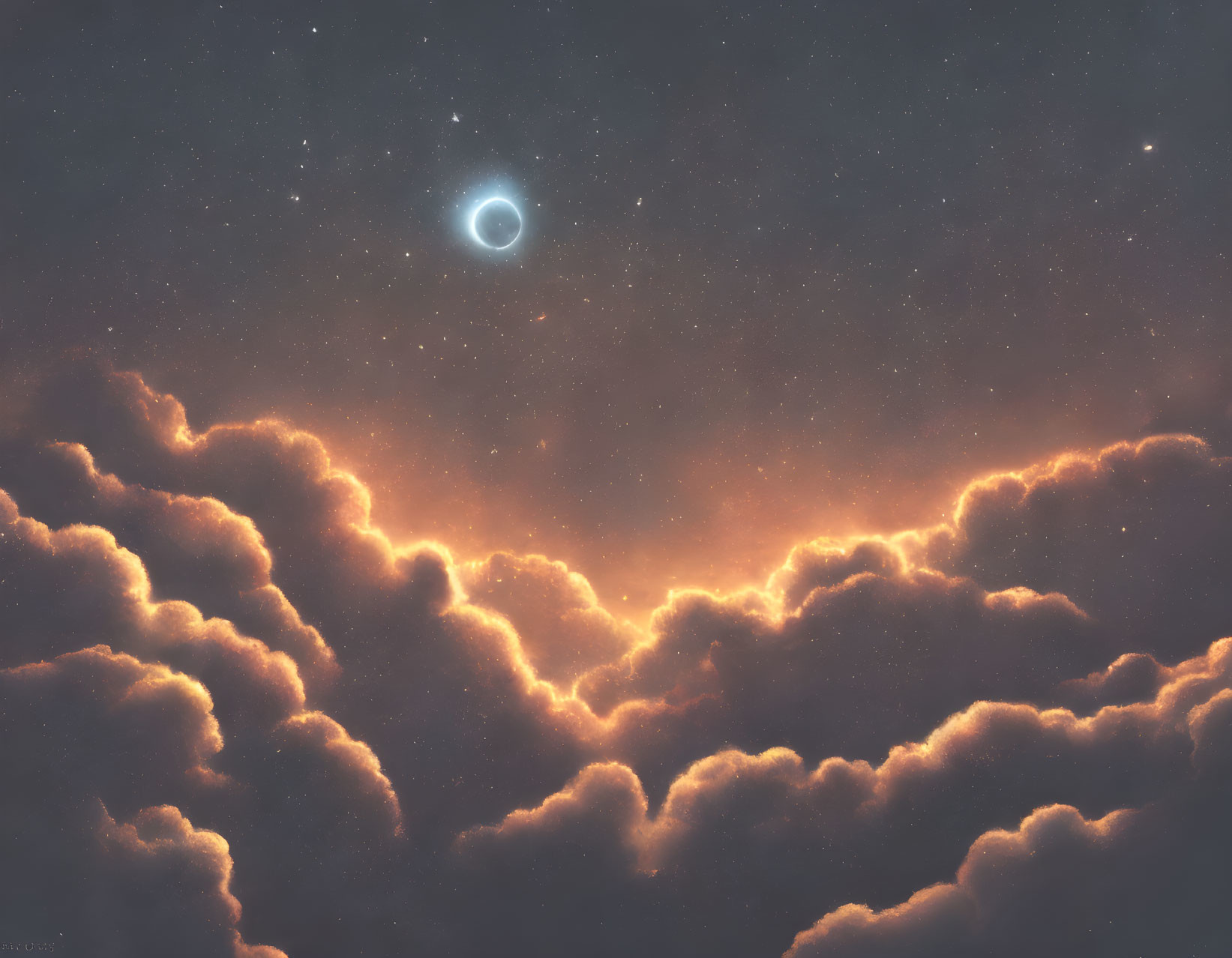 Bright solar eclipse and smaller star above glowing orange-tinged clouds