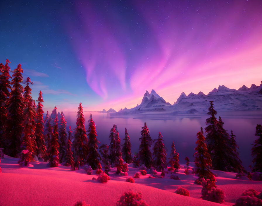 Winter Twilight Scene: Aurora Borealis Over Snowy Mountains