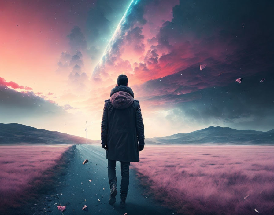 Person walking on road towards surreal horizon with comet in purple-pink sky.