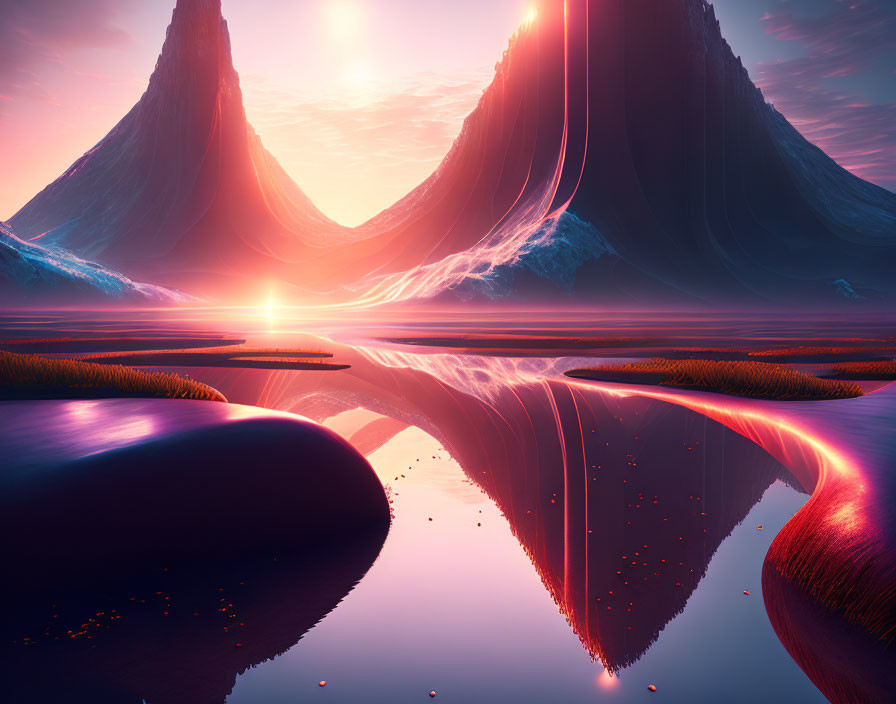 Colorful otherworldly landscape with neon light streams and glowing horizon