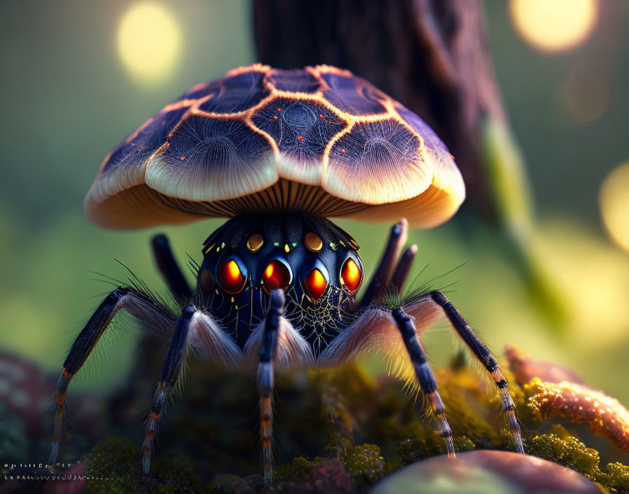 Colorful Spider with Mushroom Cap in Dreamy Forest Setting