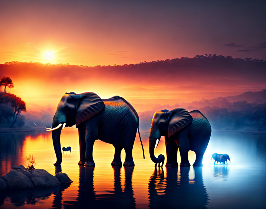 Tranquil lake sunrise with elephants, vibrant orange and blue hues reflected, serene forest background