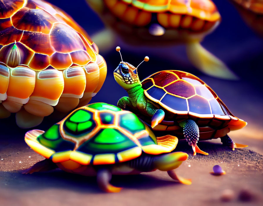 Colorful Stylized Turtles with Vibrant Shells on Blurred Background