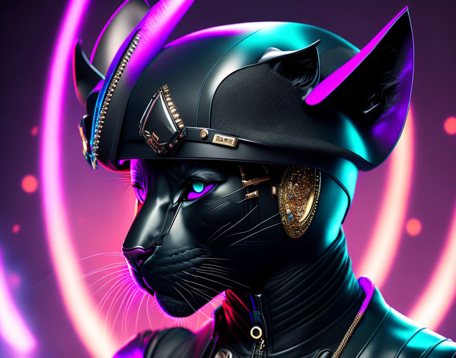 Stylized anthropomorphic cat in futuristic helmet against neon backdrop