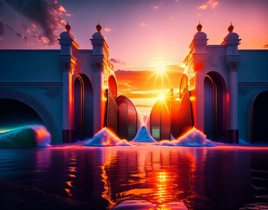 Colorful sunset over calm water with ornate bridge and crashing waves