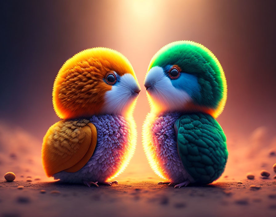 Vibrant bird-like creatures with fur and feathers in orange and green tones at sunset