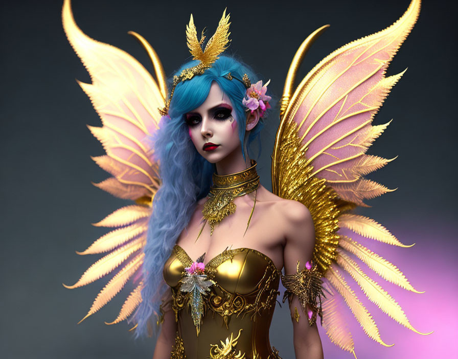 Blue-Haired Figure with Golden Wings and Ornate Headpiece