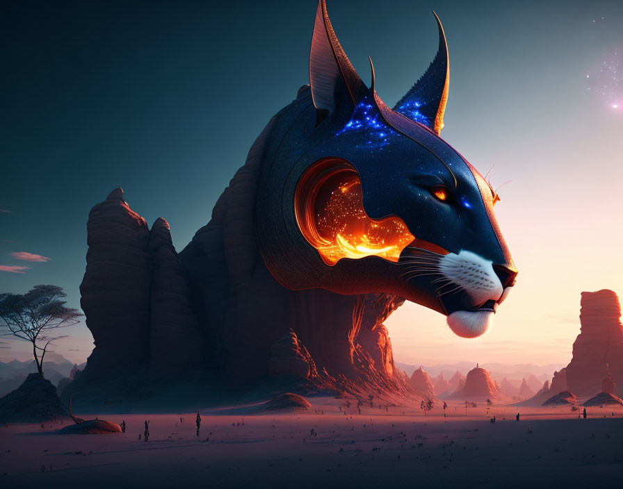 Gigantic Cat's Head in Surreal Desert Landscape